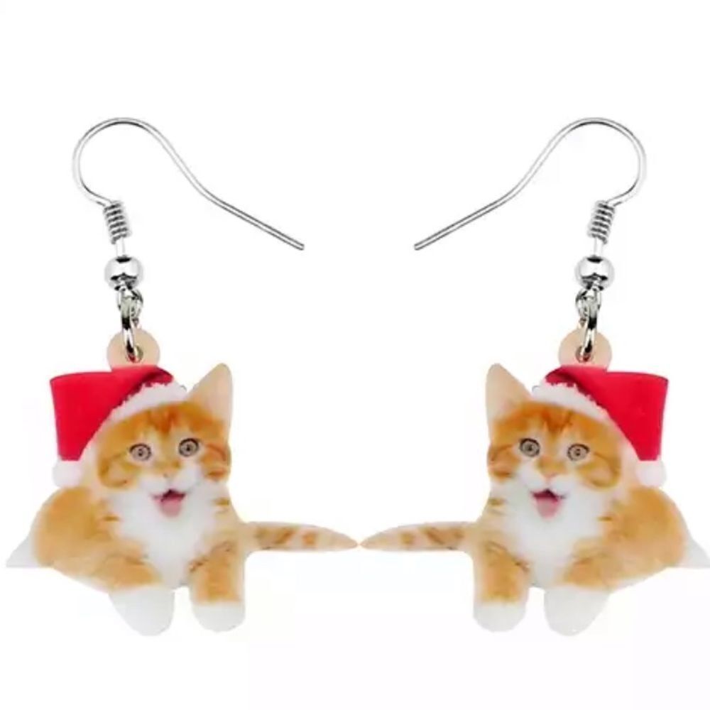 Tabby Cat Christmas Earrings Santa Holiday Orange